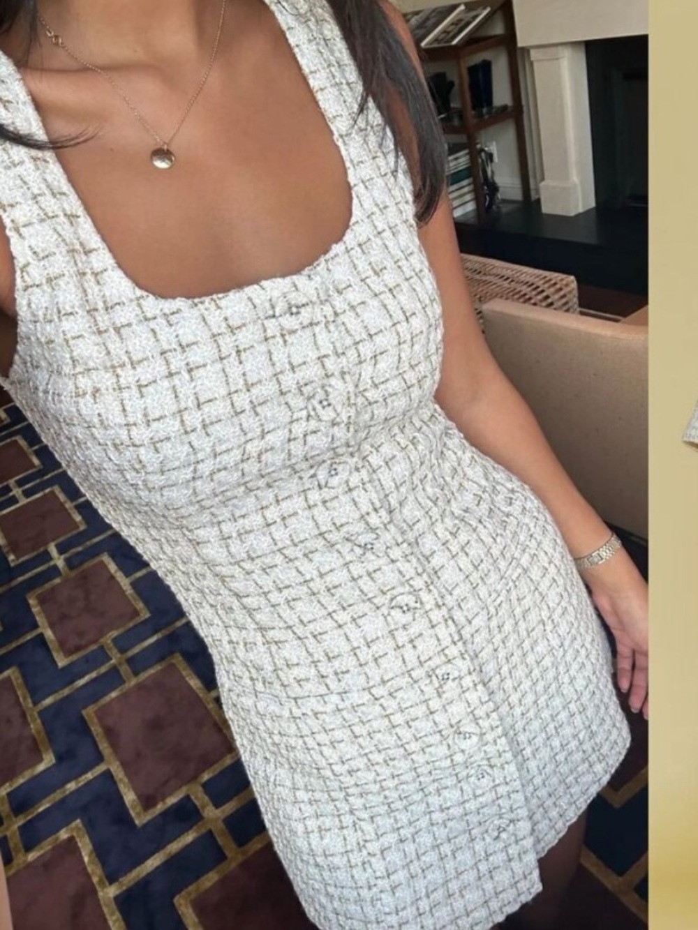 Reformation Jaine Mini Button Down Dress in Tweed Cream Metallic Gold US 4